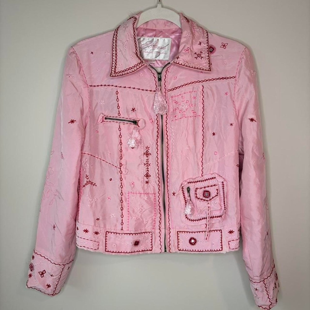 Vintage Y2K Rare Ebene By Patrick Aussuline Pink embroidered 100% silk jacket